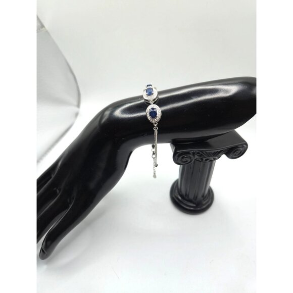 Sterling Silver 925 Blue & White Sapphire Tennis Bracelet Adjustable - Picture 7 of 8